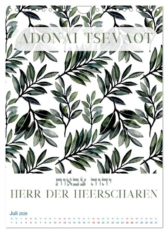 Produktbild: Hebr&auml;ische Namen Gottes aus der Torah (Wandkalender 2026 DIN A4 hoch), CALVENDO Monatskalender