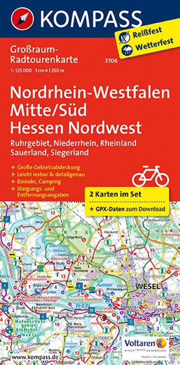Produktbild: KOMPASS Gro&szlig;raum-Radtourenkarte 3706 Nordrhein-Westfalen Mitte/S&uuml;d, Hessen Nordwest 1:125.000