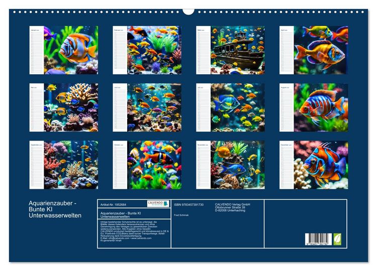 Produktbild: Aquarienzauber - Bunte KI Unterwasserwelten (Wandkalender 2026 DIN A2 quer), CALVENDO Monatskalender