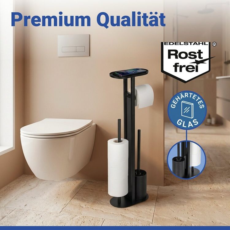 Produktbild: Stand WC-Garnitur Mod. Orea Schwarz, mit Ablagefl&auml;che und Ersatzrollenhalter