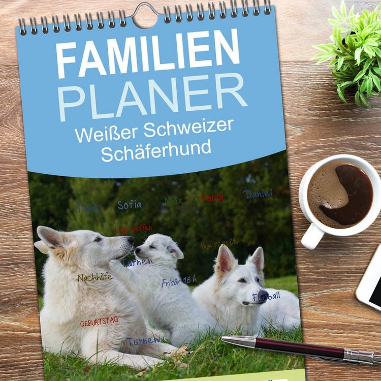 Produktbild: Familienplaner 2026 - Wei&szlig;er Schweizer Sch&auml;ferhund - Ein Tag im Leben einer Hundefamilie mit 5 Spalten (Wandkalender, 21 x 45 cm) CALVENDO