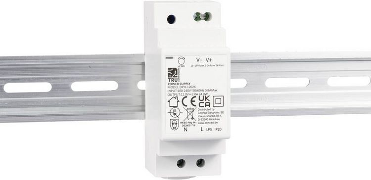 Produktbild: TRU COMPONENTS TC-10580808 Hutschienen-Netzteil (DIN-Rail) 12 V/DC 2 A 24 W Anzahl Ausg&auml;nge:1 x Inhalt 1 St.