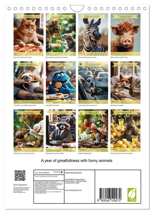 Produktbild: A year of greatfullness with funny animals (Wall Calendar 2026 DIN A4 portrait), CALVENDO 12 Month Wall Calendar