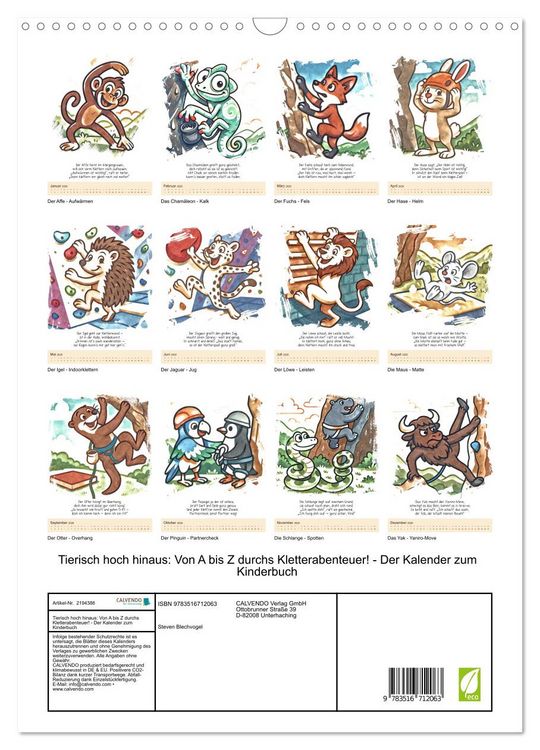 Produktbild: Tierisch hoch hinaus: Von A bis Z durchs Kletterabenteuer! - Der Kalender zum Kinderbuch (Wandkalender 2026 DIN A3 hoch), CALVENDO Monatskalender