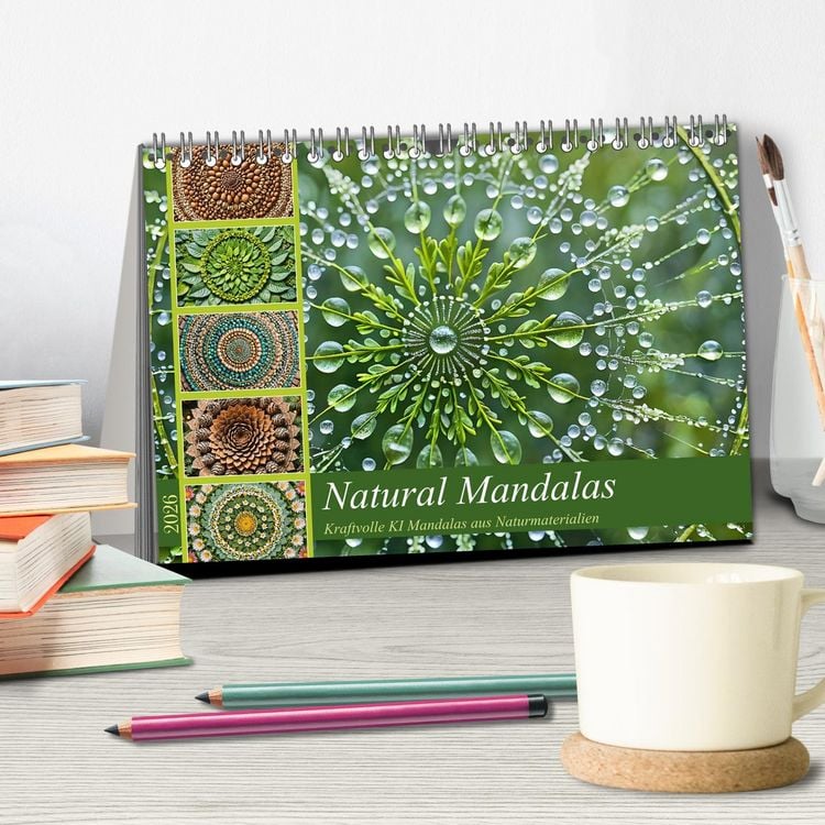 Produktbild: Natural Mandalas - Kraftvolle KI Mandalas aus Naturmaterialien (Tischkalender 2026 DIN A5 quer), CALVENDO Monatskalender