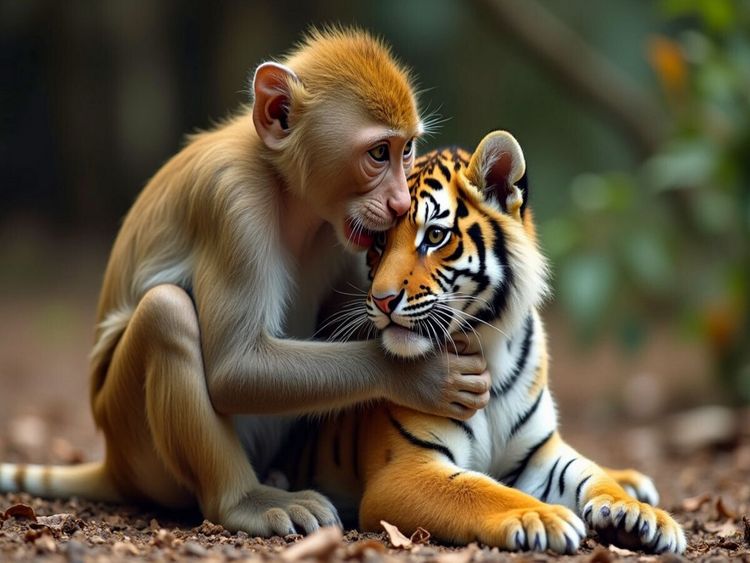 Produktbild: CALVENDO Puzzle &Auml;ffchen mit jungem Tiger | 1000 Teile Lege-Gr&ouml;&szlig;e 64x48cm Foto-Puzzle f&uuml;r gl&uuml;ckliche Stunden