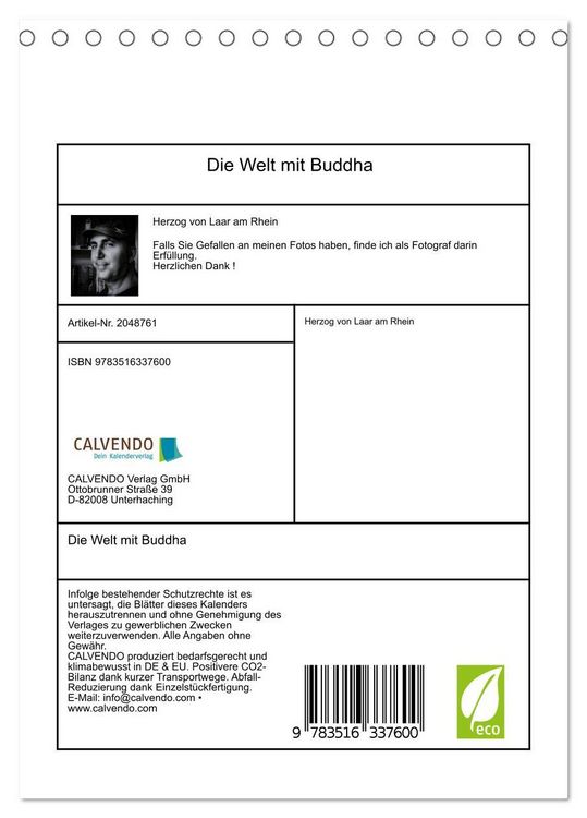 Produktbild: Die Welt mit Buddha (Tischkalender 2026 DIN A5 hoch), CALVENDO Monatskalender