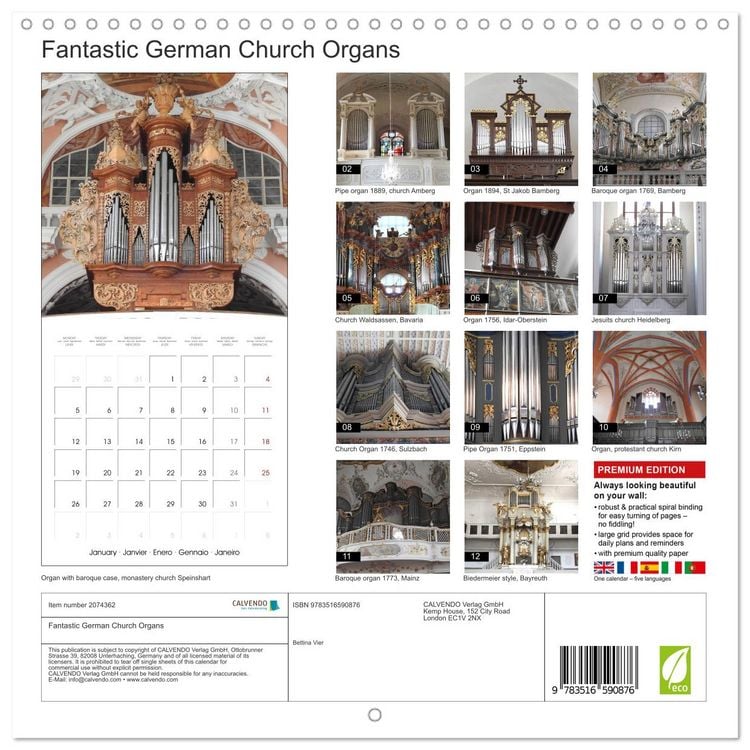 Produktbild: Fantastic German Church Organs (Wall Calendar 2026 12 &times; 12 Inch) CALVENDO 12 Month Wall Calendar
