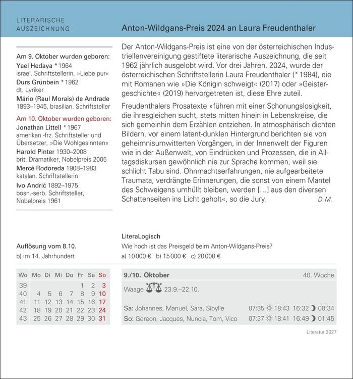 Produktbild: Literatur Tagesabrei&szlig;kalender 2027 - Kulturkalender - Autoren, Werke, H&ouml;rb&uuml;cher