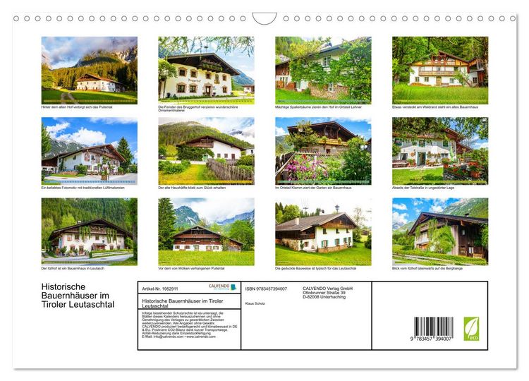 Produktbild: Historische Bauernh&auml;user im Tiroler Leutaschtal (Wandkalender 2026 DIN A3 quer), CALVENDO Monatskalender