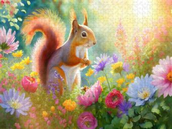 Produktbild: CALVENDO Puzzle Lebensfreude in einem Meer von Blumen: Das muntere Eichh&ouml;rnchen im Garten | 1000 Teile Lege-Gr&ouml;&szlig;e 64x48cm Foto-Puzzle f&uuml;r gl&uuml;ckliche S