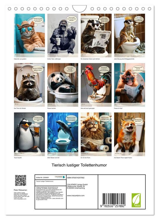 Produktbild: Tierisch lustiger Toilettenhumor (Wandkalender 2026 DIN A4 hoch), CALVENDO Monatskalender
