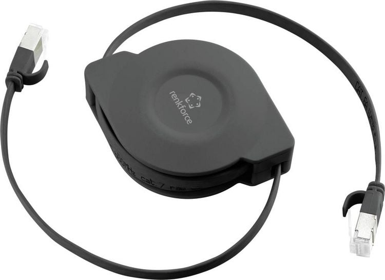Produktbild: Renkforce RF-4476386 RJ45 Patchkabel CAT 6a U/FTP 1.50 m Schwarz Flache Ausf&uuml;hrung, inkl. Aufroller 1 St.