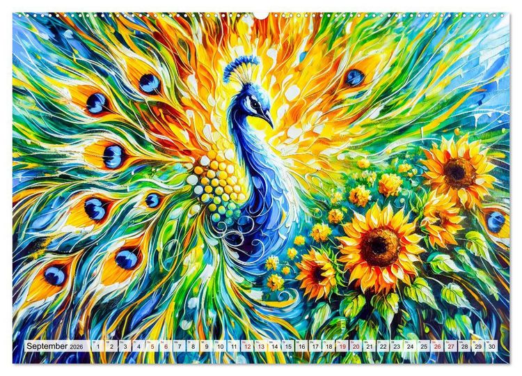 Produktbild: Tanz der Pfauen - Jahreszeiten in abstrakter Eleganz (hochwertiger Premium Wandkalender 2026 DIN A2 quer), Kunstdruck in Hochglanz