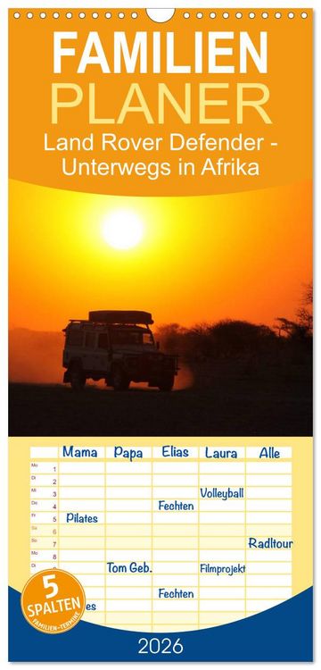 Produktbild: Familienplaner 2026 - Land Rover Defender - Unterwegs in Afrika mit 5 Spalten (Wandkalender, 21 x 45 cm) CALVENDO