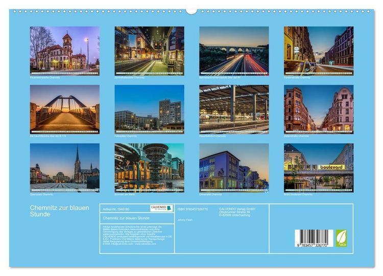 Produktbild: Chemnitz zur blauen Stunde (hochwertiger Premium Wandkalender 2026 DIN A2 quer), Kunstdruck in Hochglanz