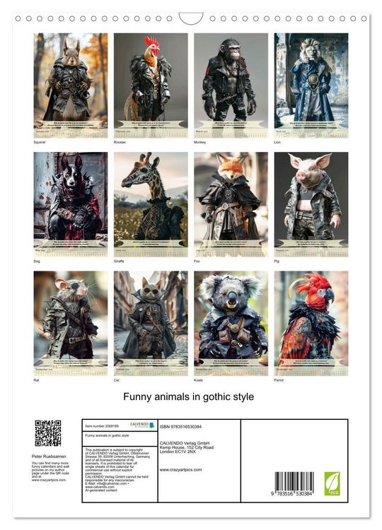 Produktbild: Funny animals in gothic style (Wall Calendar 2026 DIN A3 portrait), CALVENDO 12 Month Wall Calendar