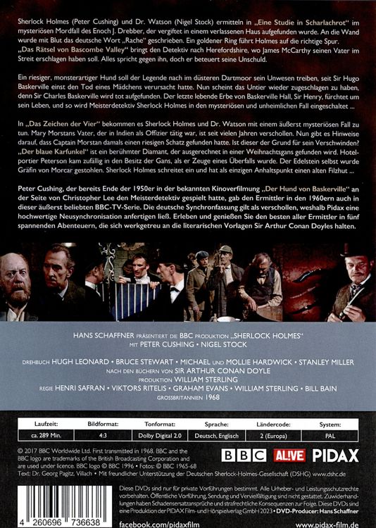 Produktbild: Sherlock Holmes - Sammelbox / 5 spannende Krimis mit Peter Cushing nach den B&uuml;chern von Sir Arthur Conan Doyle (Pidax Serien-Klassiker) [3 DVDs]
