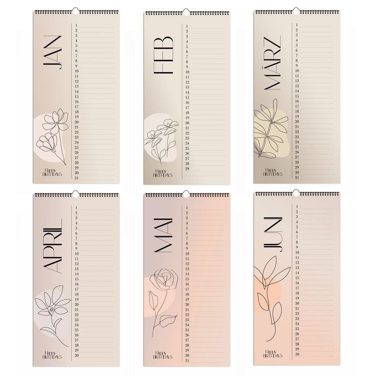 Produktbild: Immerw&auml;hrender Geburtstagskalender "Happy Birthdays" ohne Jahreszahl. Florale Lineart in Bohofarben.