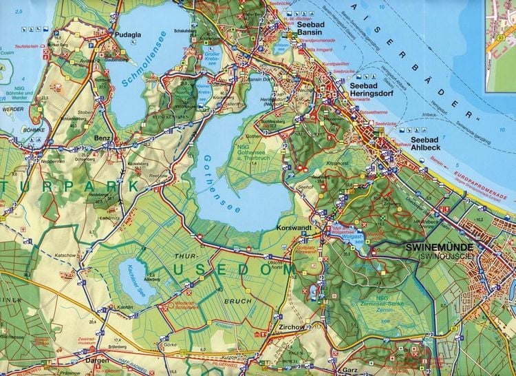 Produktbild: Usedom mit Ortspl&auml;nen von Peenem&uuml;nde, Karlshagen, Trassenheide, Zinnowitz, Zempin, Koserow, Loddin, &Uuml;ckeritz, Usedom, Bansin, Heringsdorf, Ahlbeck und Swinem&uuml;nde