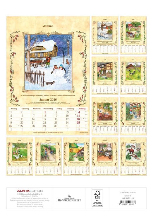 Produktbild: Bauernkalender 2026 - Bildkalender 23,7x34 cm - mit Wetterprognosen, Bauernregeln und liebevollen Illustrationen - Wandkalender - Alpha Edition