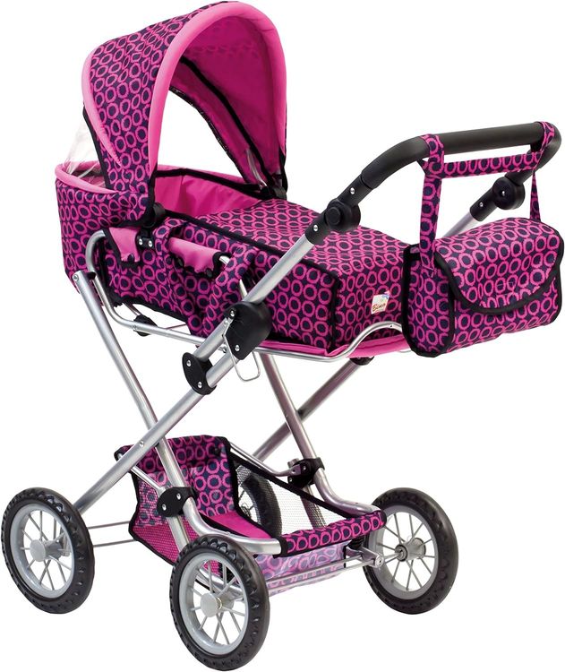 Bino 82916 - Colin Puppenwagen mit Tasche, Hängetasche und Netz, zusammenklappbar, rosa/schwarz