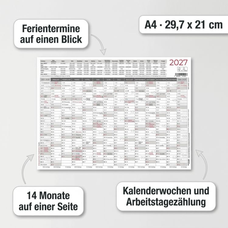 Produktbild: Tafelkalender A4 einseitig 2027
