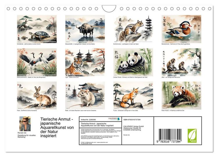 Produktbild: Tierische Anmut - japanische Aquarellkunst von der Natur inspiriert (Wandkalender 2026 DIN A4 quer), CALVENDO Monatskalender