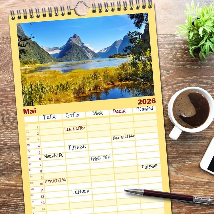 Produktbild: Familienplaner 2026 - Erlebe mit mir das Naturwunder Neuseeland die S&uuml;dinsel mit 5 Spalten (Wandkalender, 21 x 45 cm) CALVENDO