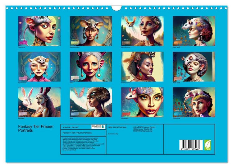 Produktbild: Fantasy Tier Frauen Portraits (Wandkalender 2026 DIN A3 quer), CALVENDO Monatskalender