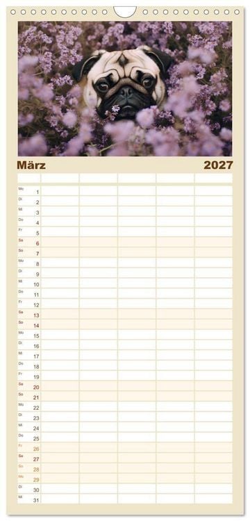 Produktbild: Familienplaner 2027 - Lustige Mops-Hunde: Die charmanten Meister von Chaos und Unfug mit 5 Spalten (Wandkalender, 21 x 45 cm) CALVENDO