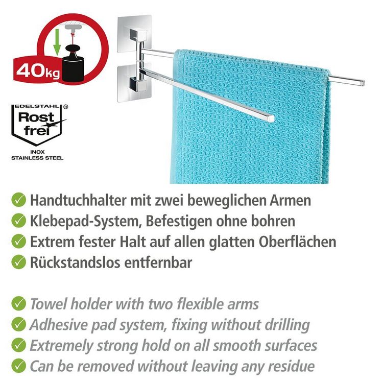 Produktbild: Turbo-Loc&reg; Edelstahl Handtuchhalter 2 Arme Quadro, rostfrei
