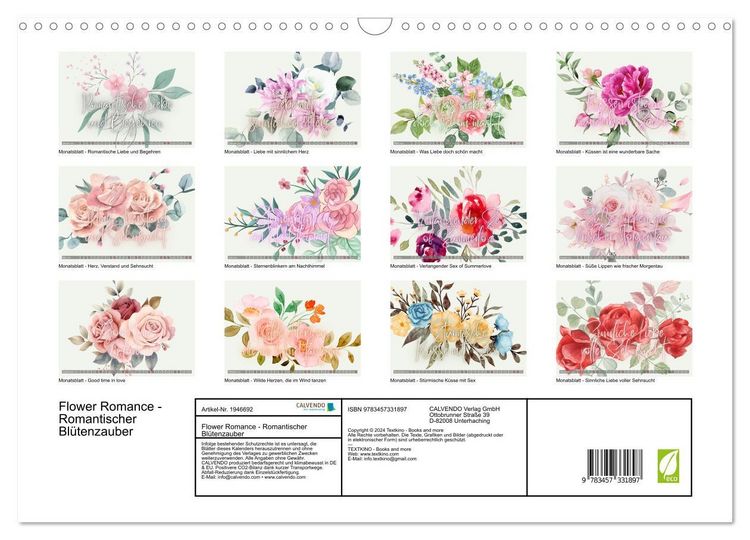 Produktbild: Flower Romance - Romantischer Bl&uuml;tenzauber (Wandkalender 2026 DIN A3 quer), CALVENDO Monatskalender