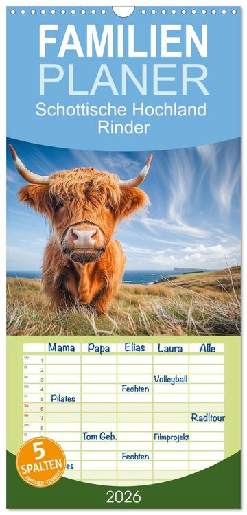 Produktbild: Familienplaner 2026 - Schottische Hochland Rinder mit 5 Spalten (Wandkalender, 21 x 45 cm) CALVENDO