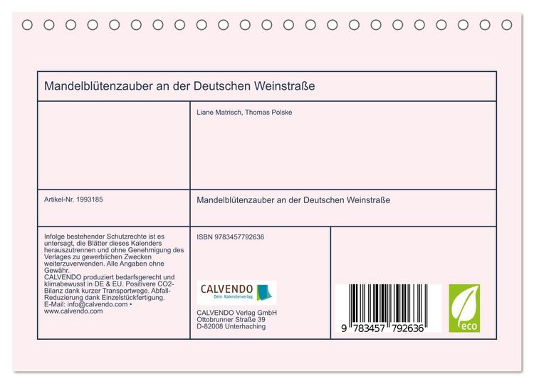 Produktbild: Mandelbl&uuml;tenzauber an der Deutschen Weinstra&szlig;e (Tischkalender 2026 DIN A5 quer), CALVENDO Monatskalender