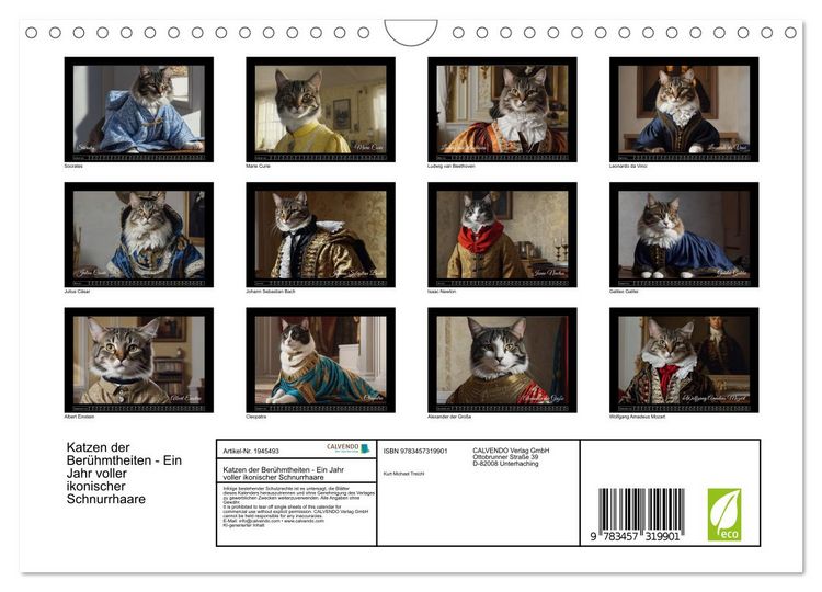 Produktbild: Katzen der Ber&uuml;hmtheiten - Ein Jahr voller ikonischer Schnurrhaare (Wandkalender 2026 DIN A4 quer), CALVENDO Monatskalender