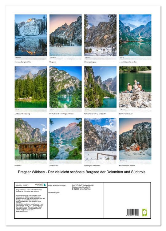 Produktbild: Pragser Wildsee - Der vielleicht sch&ouml;nste Bergsee der Dolomiten und S&uuml;dtirols (Wandkalender 2026 DIN A2 hoch), CALVENDO Monatskalender