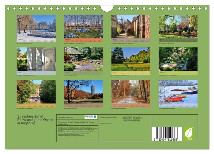 Produktbild: Stressfreie Zone! Parks und gr&uuml;ne Oasen in Augsburg (Wandkalender 2026 DIN A4 quer), CALVENDO Monatskalender