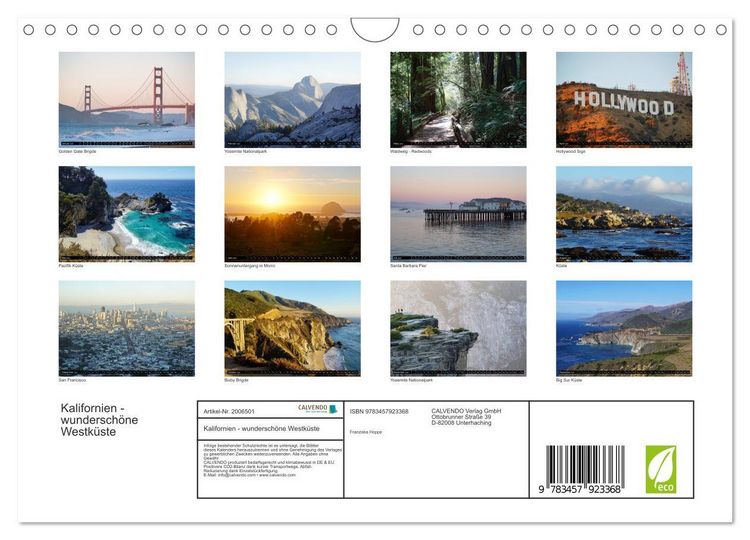 Produktbild: Kalifornien - wundersch&ouml;ne Westk&uuml;ste (Wandkalender 2026 DIN A4 quer), CALVENDO Monatskalender
