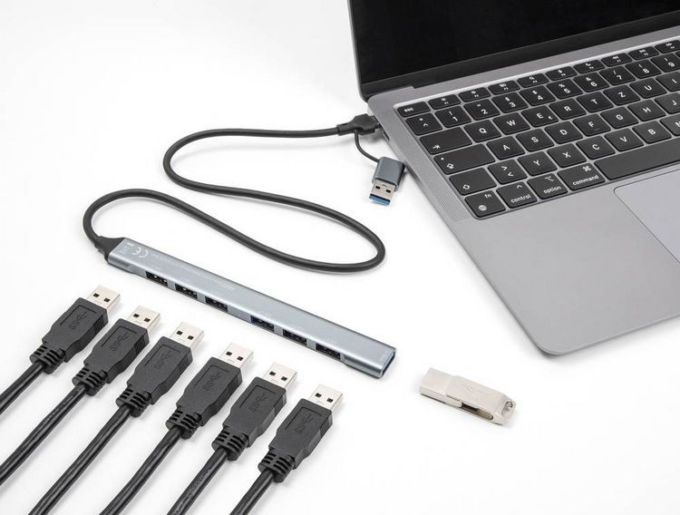 Produktbild: Delock 64273 USB-Hub 7 Port USB-A USB 3.2 Gen1 5 GBit/s mit USB-C&reg; Stecker Grau 64273