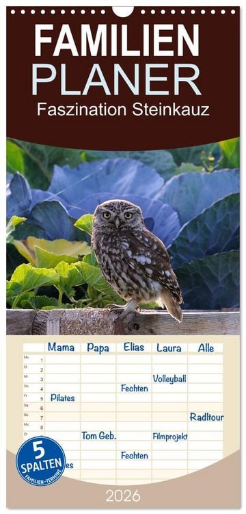 Produktbild: Familienplaner 2026 - Faszination Steinkauz mit 5 Spalten (Wandkalender, 21 x 45 cm) CALVENDO