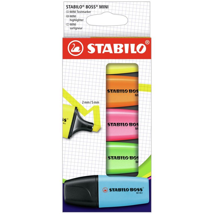 Tekstmarkeerstift - STABILO BOSS MINI - 5 kleuren - geel, blauw, groen, oranje, roze