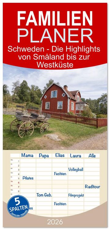Produktbild: Familienplaner 2026 - Schweden - Die Highlights von Sm&aring;land bis zur Westk&uuml;ste mit 5 Spalten (Wandkalender, 21 x 45 cm) CALVENDO