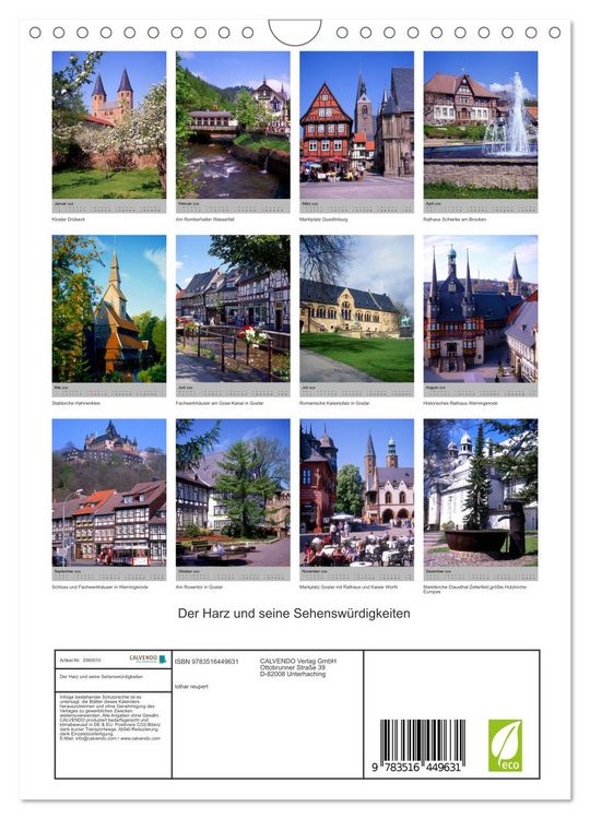 Produktbild: Der Harz und seine Sehensw&uuml;rdigkeiten (Wandkalender 2026 DIN A4 hoch), CALVENDO Monatskalender