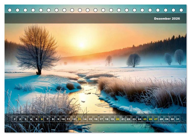 Produktbild: Verschneite Landschaft unter einer fahlen Wintersonne (Tischkalender 2026 DIN A5 quer), CALVENDO Monatskalender