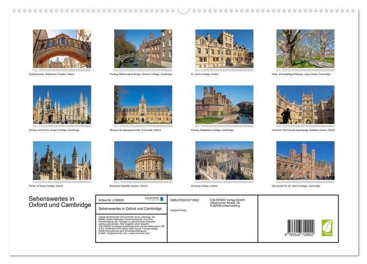 Produktbild: Sehenswertes in Oxford und Cambridge (hochwertiger Premium Wandkalender 2026 DIN A2 quer), Kunstdruck in Hochglanz