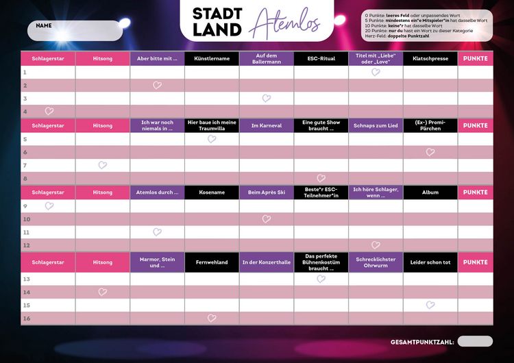 Produktbild: Stadt, Land, Atemlos (Schlager Edition) &ndash; Der Spieleklassiker f&uuml;r alle Fans von ESC und Schlager &ndash; von Helene Fischer &uuml;ber Udo J&uuml;rgens bis Beatrice Egli