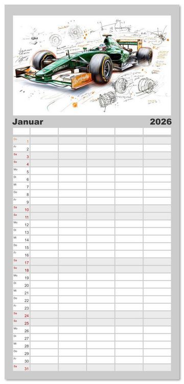 Produktbild: Familienplaner 2026 - Rennwagen - Design Studien mit 5 Spalten (Wandkalender, 21 x 45 cm) CALVENDO