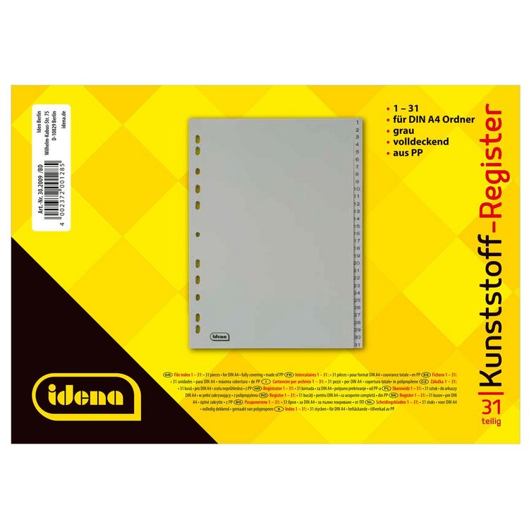 Produktbild: Idena Register aus Kunststoff 1 bis 31 31-teilig grau DIN A4