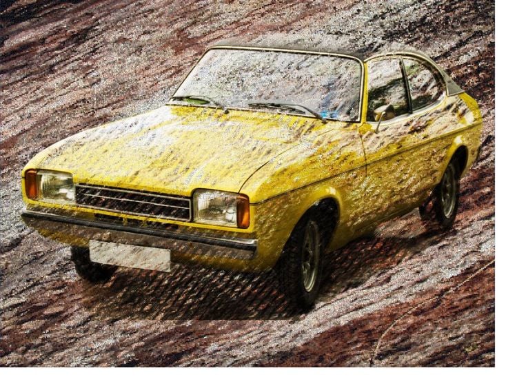 Produktbild: CALVENDO Puzzle Gelber Ford Capri vor steinigem Hintergrund | 1000 Teile Lege-Gr&ouml;&szlig;e 64x48cm Foto-Puzzle f&uuml;r gl&uuml;ckliche Stunden